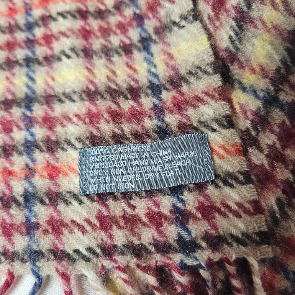 100% Cashmere Plaid Houndstooth Scarf Burgundy Orange Tan Fringe‎ Unisex